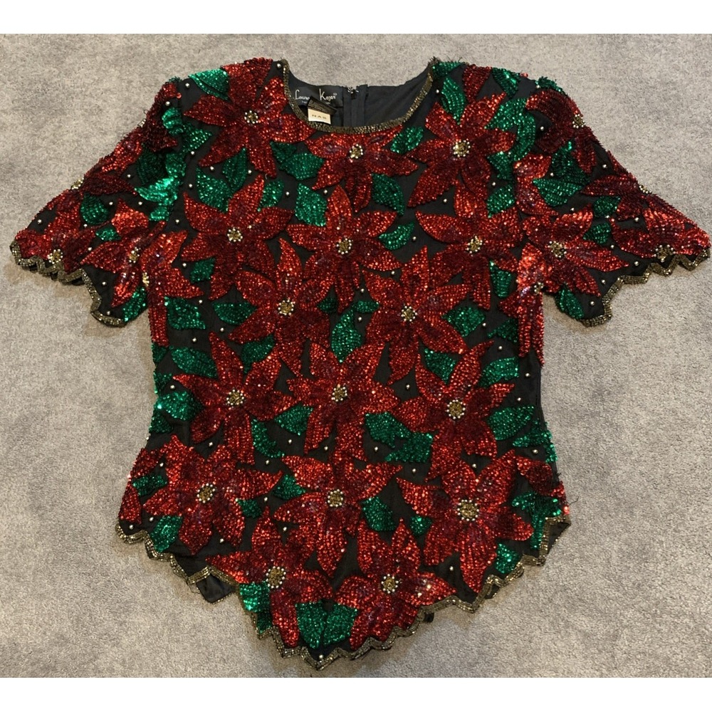 Vintage 80s Laurence Kazar Poinsettia‎ Sequin Top L Holiday Evening Blouse